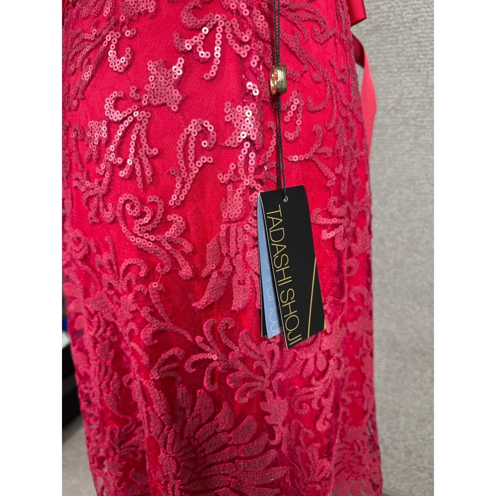 Tadashi Shoji Dress Womens 16 Red Sequin Lace Illusion Ribbon Belt Cocktail New - Picture 8 of 13